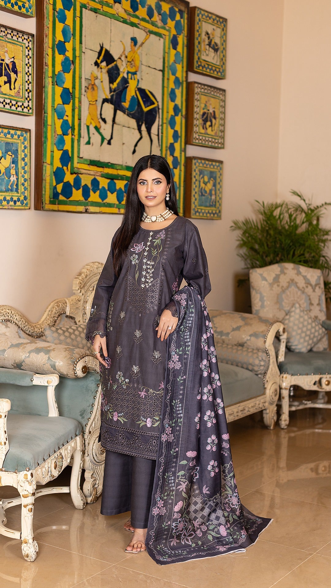 Light Black Premium Cambric Cotton | Ready to Wear Ensemble | Shirt, Trouser & Dupatta