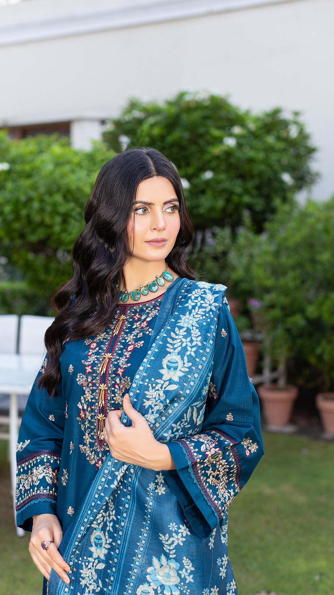 Blue RTW Collection | Cambric Cotton | 3-Piece Set: Shirt, Trouser & Dupatta