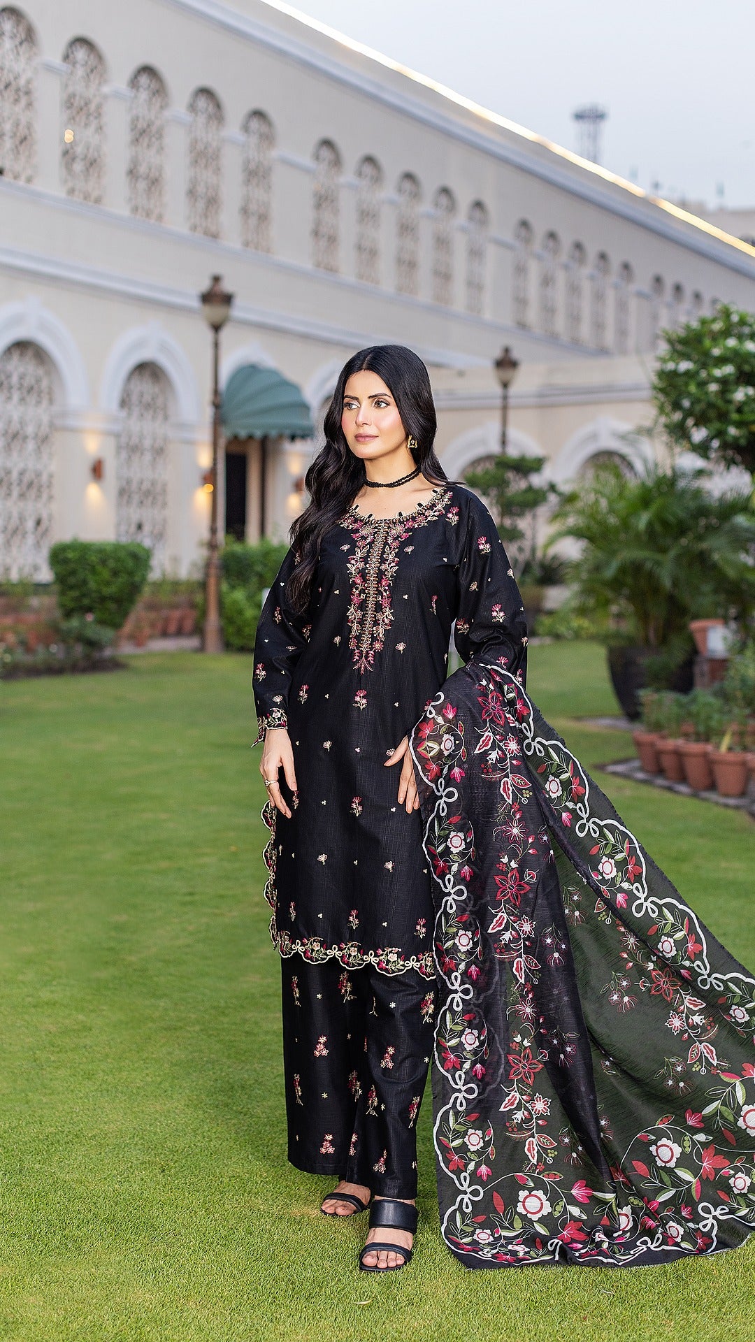 Black | 3-Piece Ready-to-Wear | Cambric Cotton | Shirt, Trouser & Dupatta