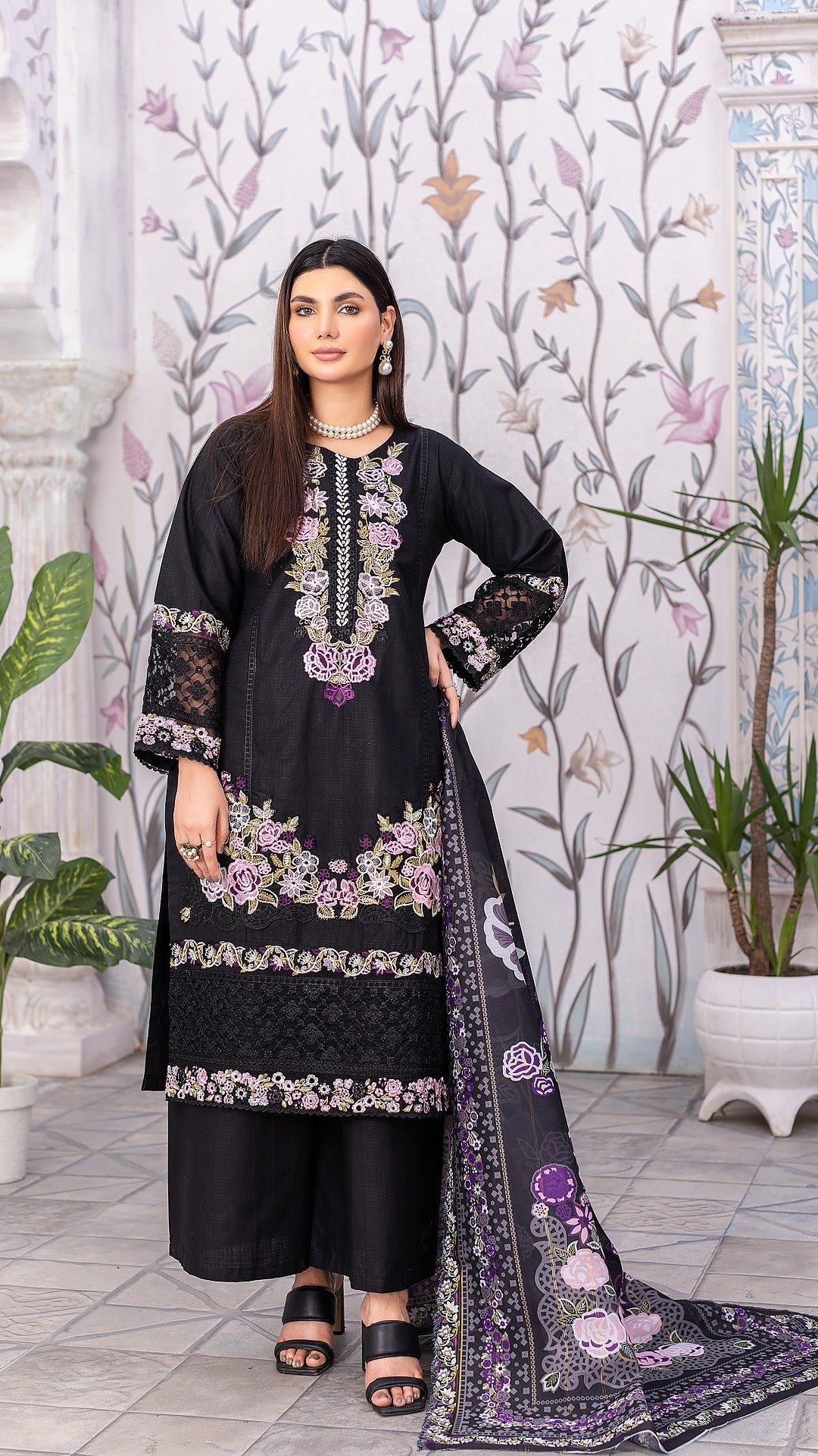Black RTW Collection | Cambric Cotton | 3-Piece Set: Shirt, Trouser & Dupatta