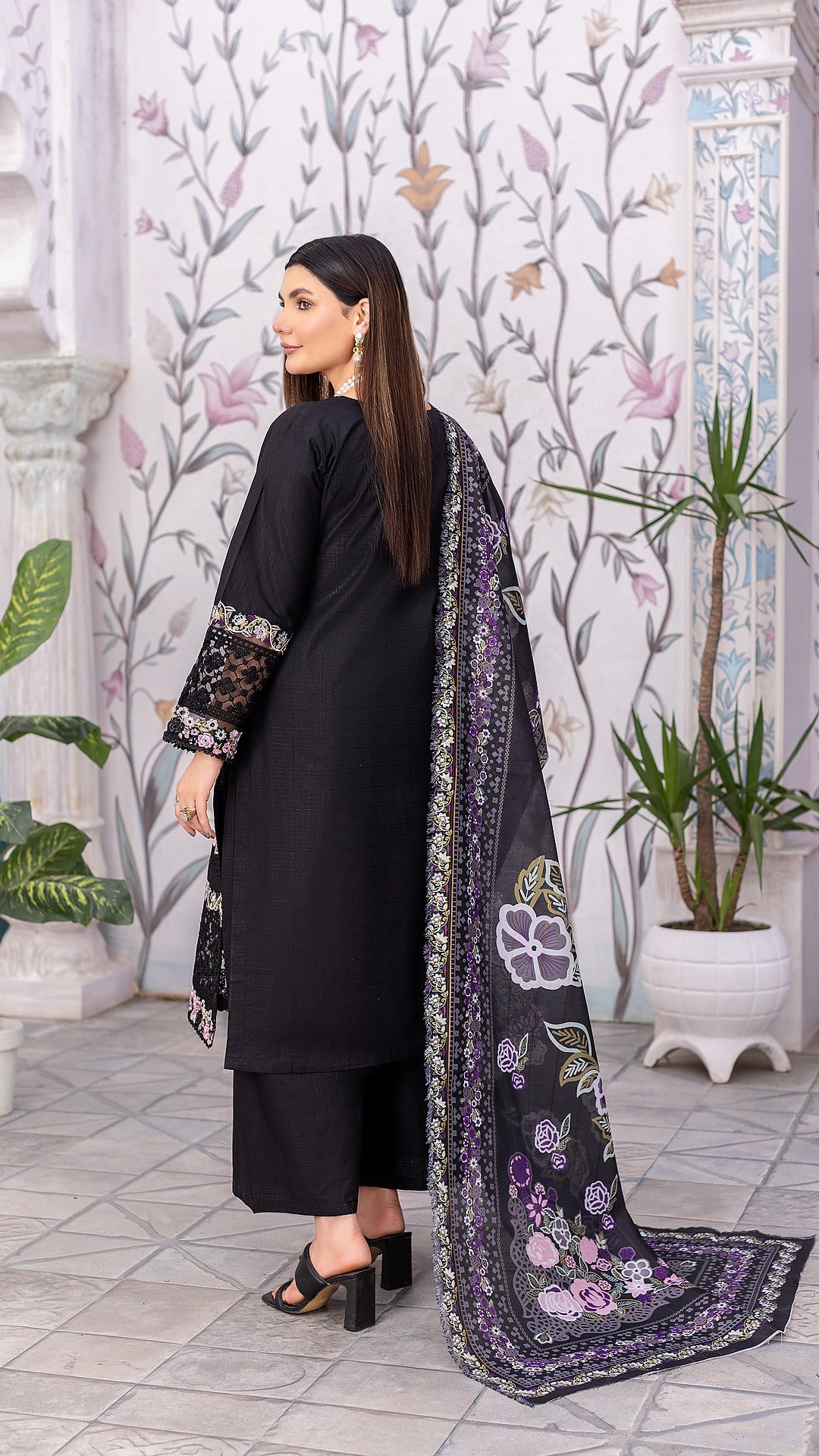 Black RTW Collection | Cambric Cotton | 3-Piece Set: Shirt, Trouser & Dupatta