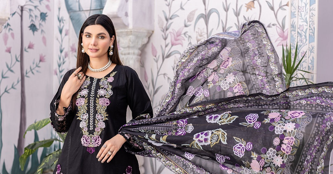 Black RTW Collection | Cambric Cotton | 3-Piece Set: Shirt, Trouser & Dupatta