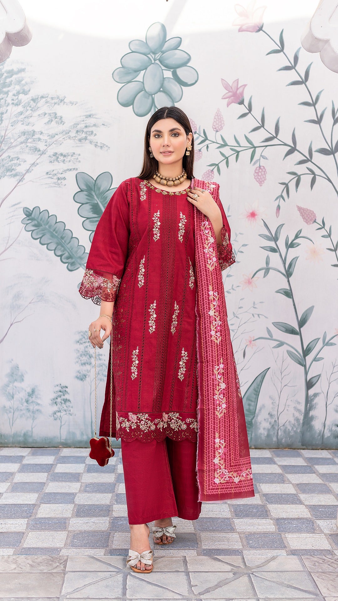 Red Cambric Cotton | Ready to Wear | Shirt, Trouser & Dupatta