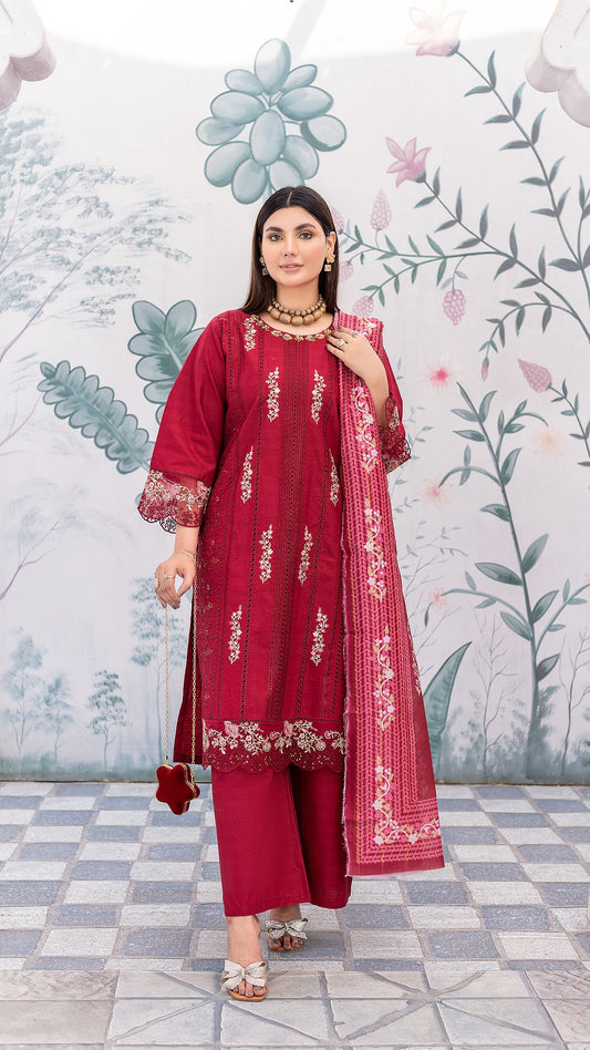 Red Cambric Cotton | Ready to Wear | Shirt, Trouser & Dupatta