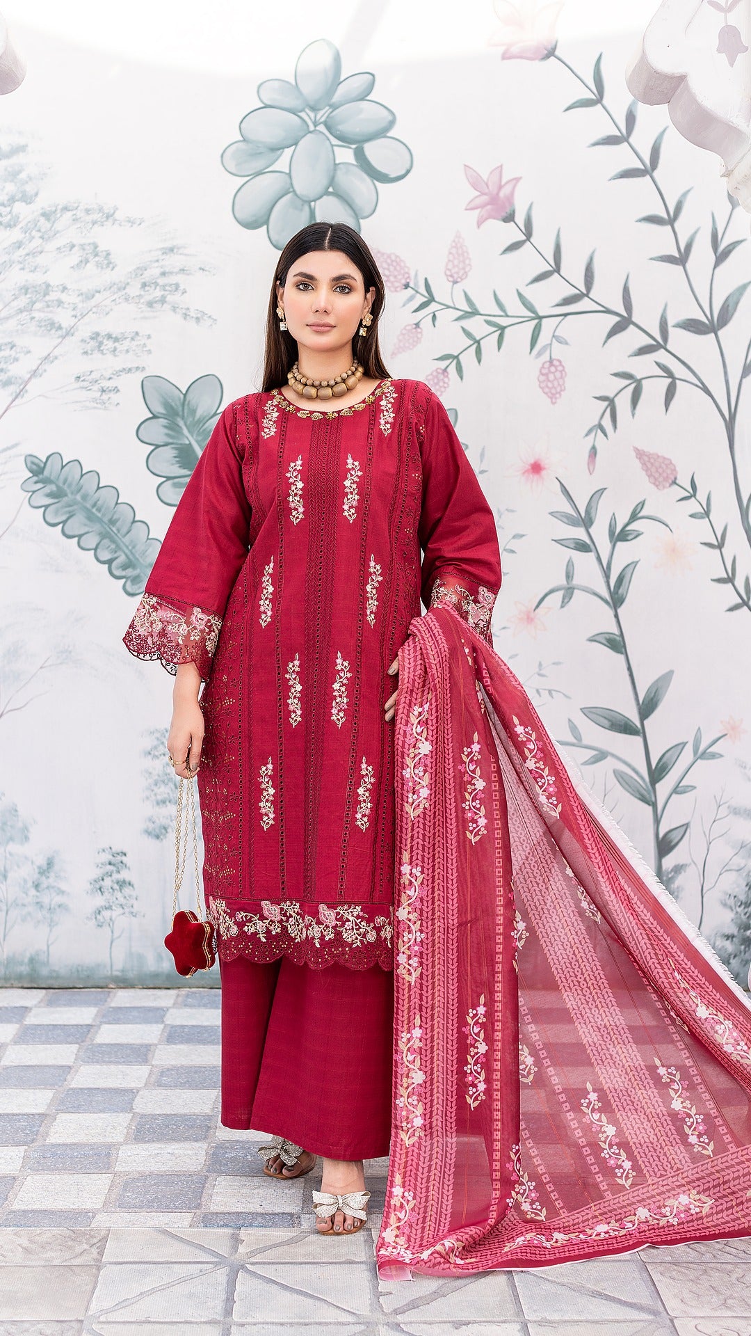 Red Cambric Cotton | Ready to Wear | Shirt, Trouser & Dupatta