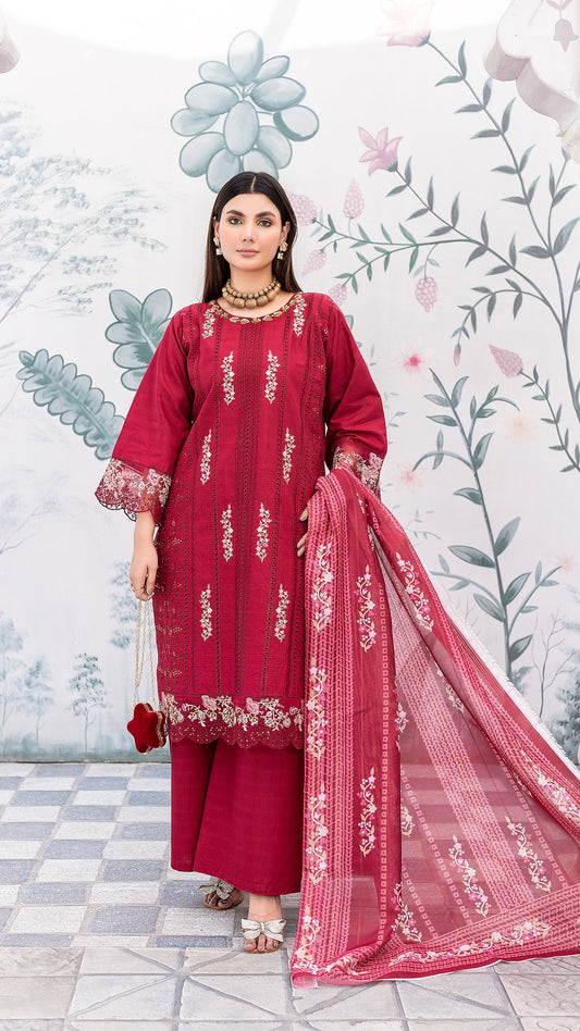 Red Cambric Cotton | Ready to Wear | Shirt, Trouser & Dupatta