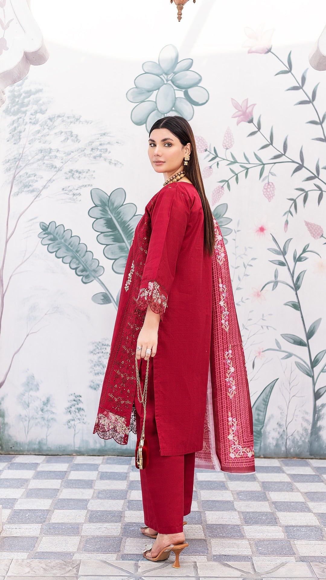 Red Cambric Cotton | Ready to Wear | Shirt, Trouser & Dupatta