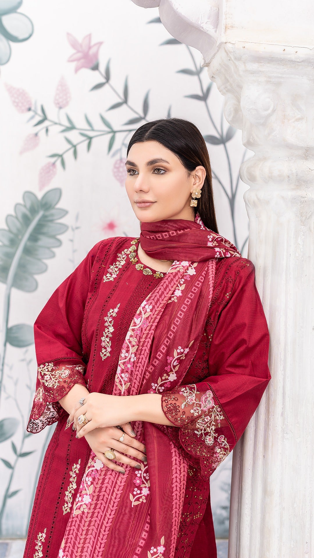 Red Cambric Cotton | Ready to Wear | Shirt, Trouser & Dupatta