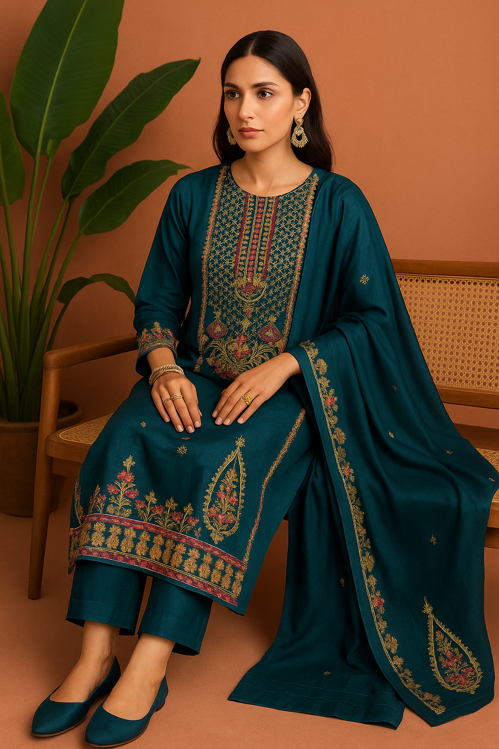 Volume 2:1 , Navy Embroidered Suit with handmade work| 3 Piece Stitched