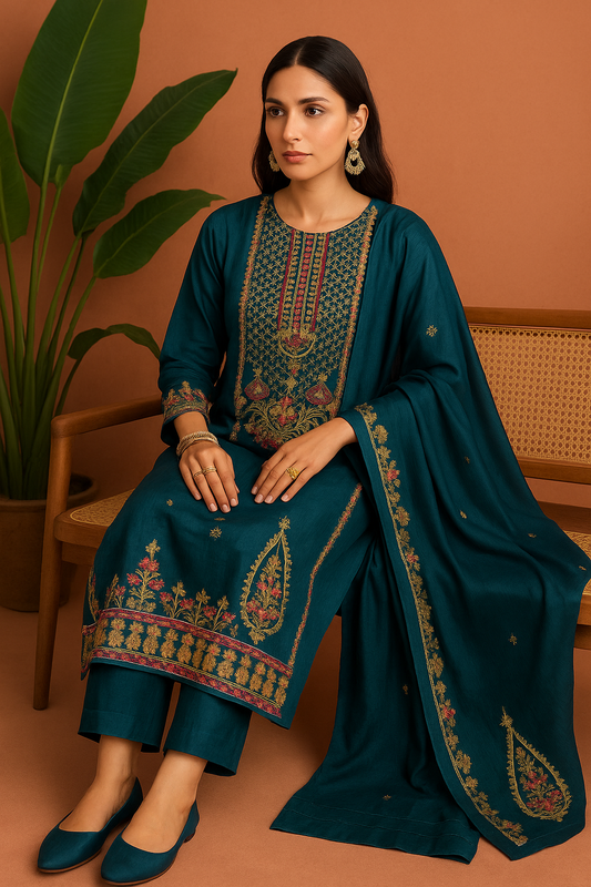 Volume 2:1 , Navy Embroidered Suit with handmade work| 3 Piece Stitched