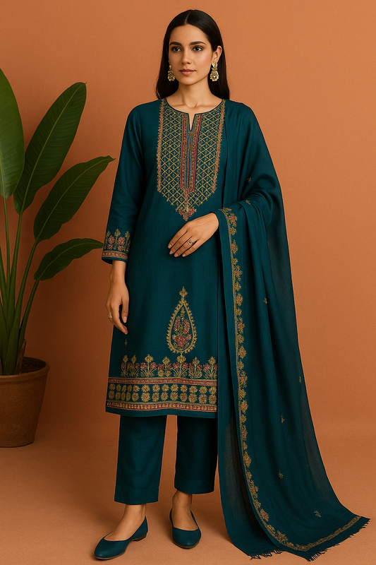 Volume 2:1 , Navy Embroidered Suit with handmade work| 3 Piece Stitched