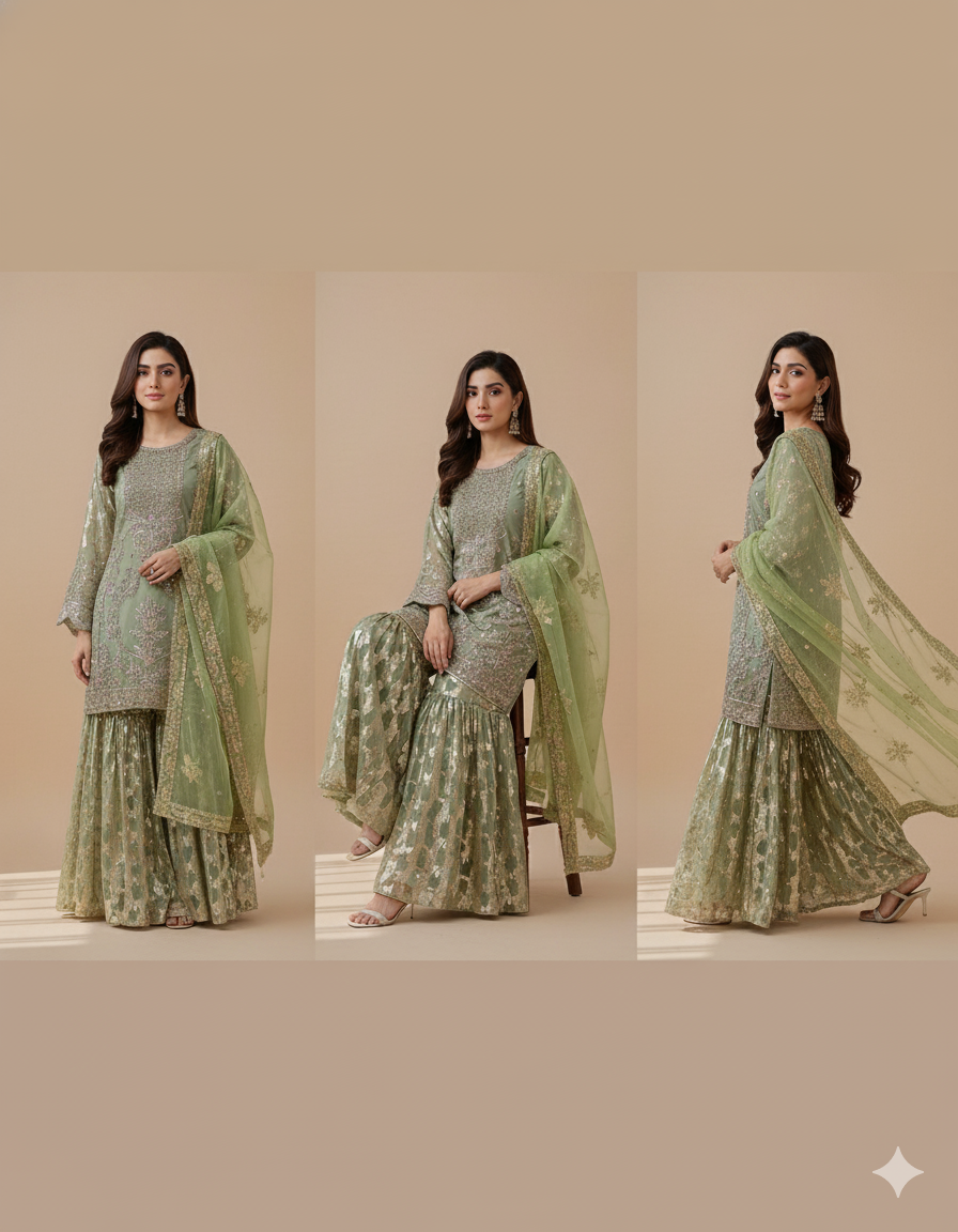 Green Handmade Luxury Organza 3-Piece Stitched Suit