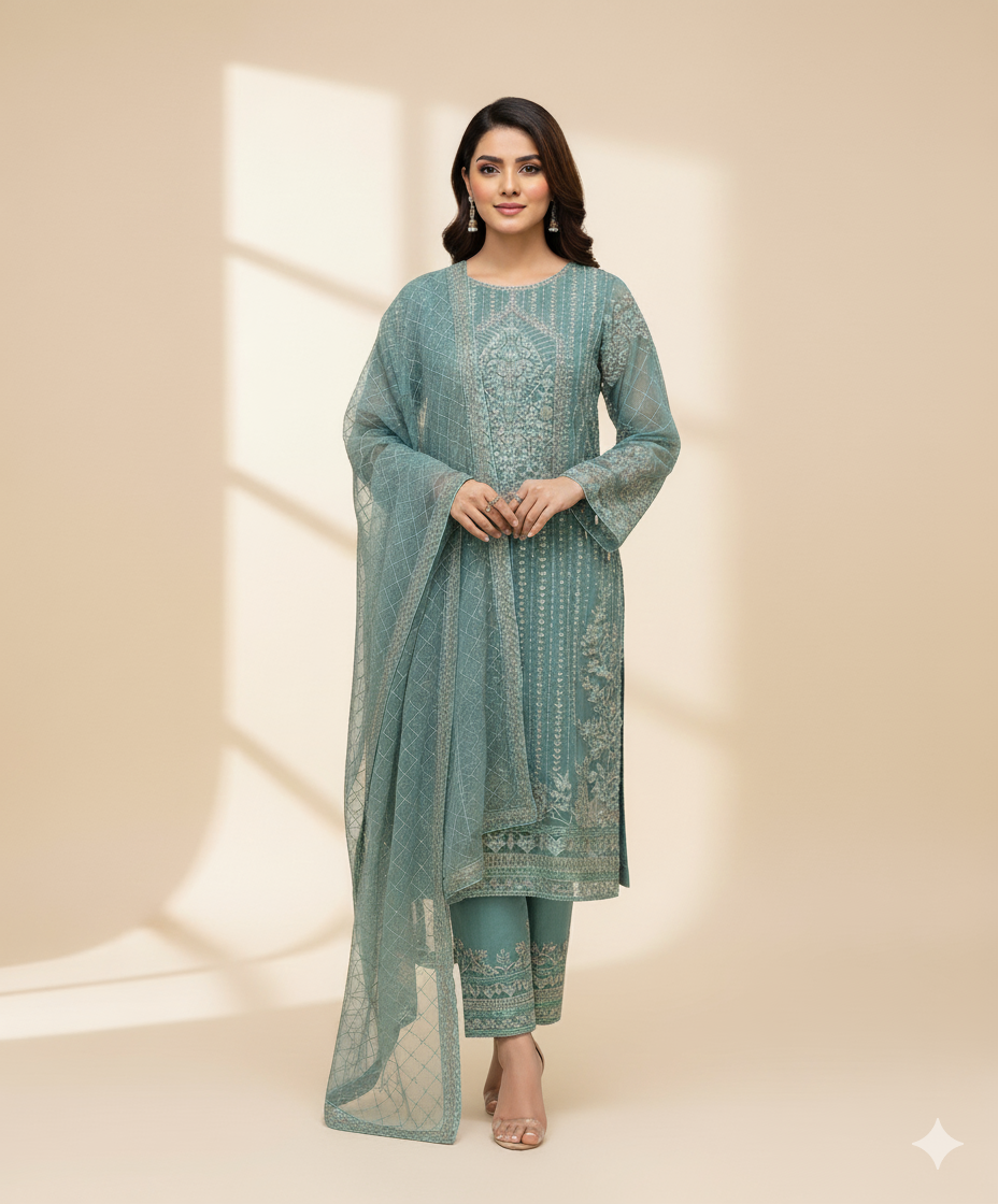 SkyBlue Handmade Luxury Organza 3-Piece Stitched Suit | by BinSaqlain