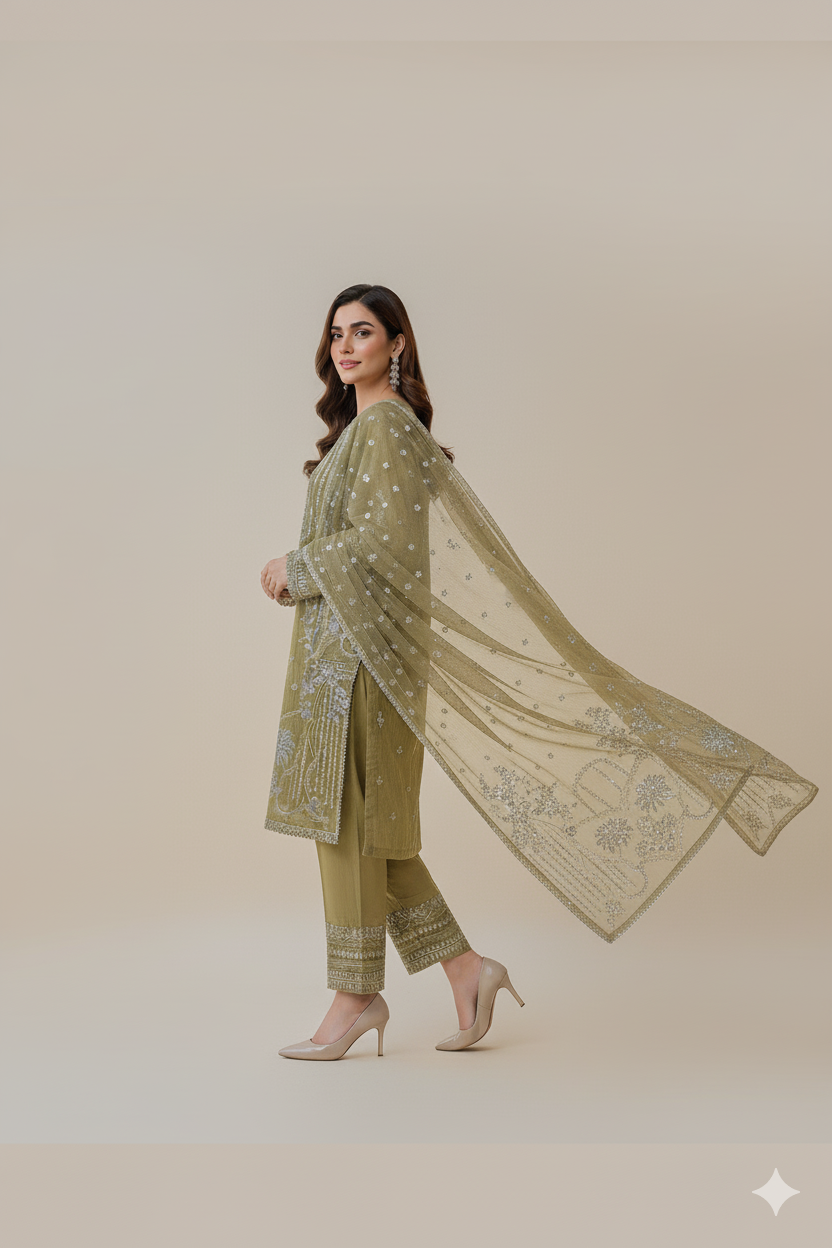 Pastel Green Embroidered Trouser Suit| 3 Piece Stitched