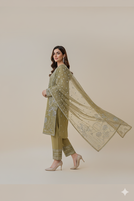 Pastel Green Embroidered Trouser Suit| 3 Piece Stitched
