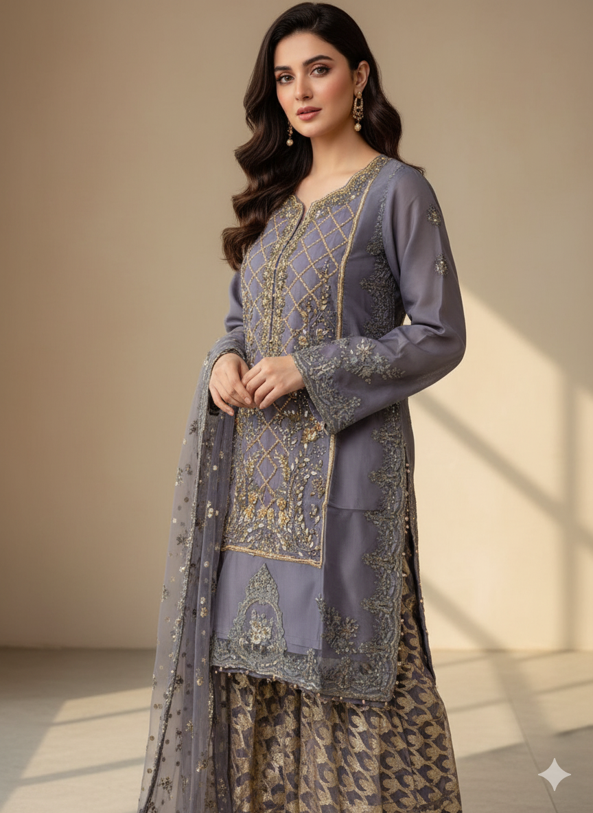 Grey-Blue Embroidered Sharara Suit | 3 Piece Stitched