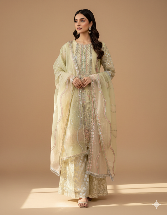 white-yellow Embroidered Suit with sharara | 3 Piece Stitched