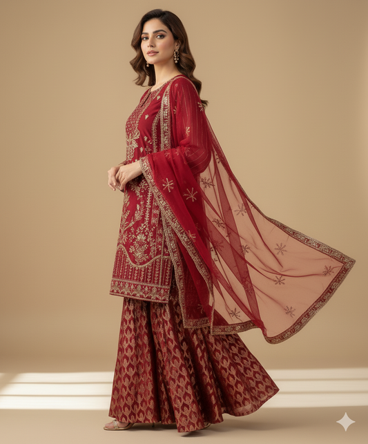 Maroon Handmade Luxury 3 Piece | Organza | Ready To Wear