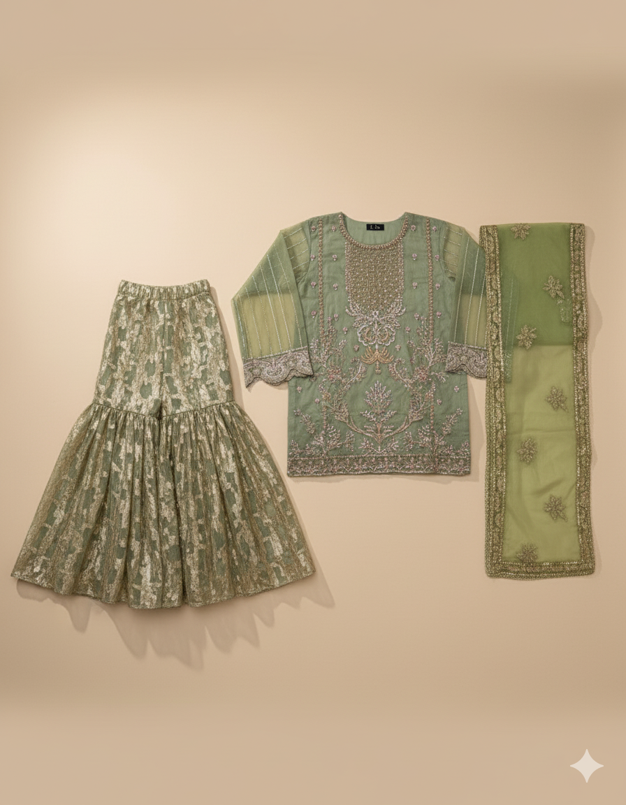 Green Handmade Luxury Organza 3-Piece Stitched Suit