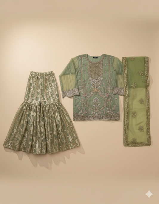 Green Handmade Luxury Organza 3-Piece Stitched Suit