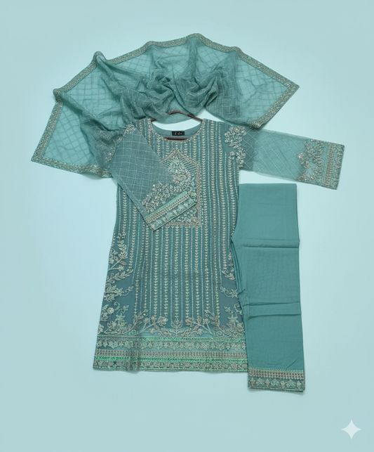 SkyBlue Handmade Luxury Organza 3-Piece Stitched Suit | by BinSaqlain