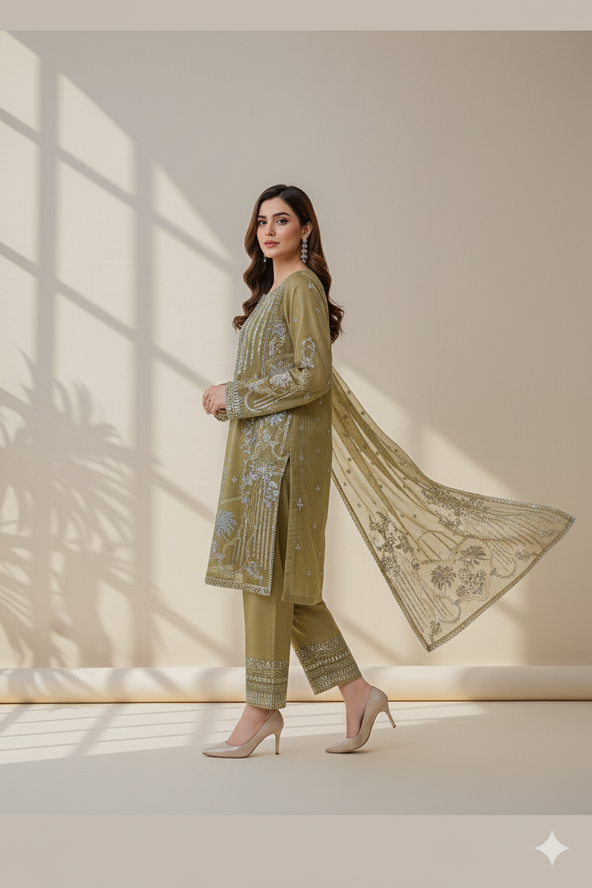 Pastel Green Embroidered Trouser Suit| 3 Piece Stitched