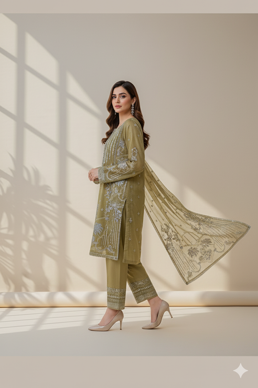 Pastel Green Embroidered Trouser Suit| 3 Piece Stitched