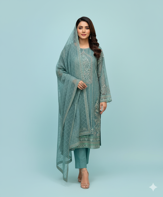 SkyBlue Handmade Luxury Organza 3-Piece Stitched Suit | by BinSaqlain