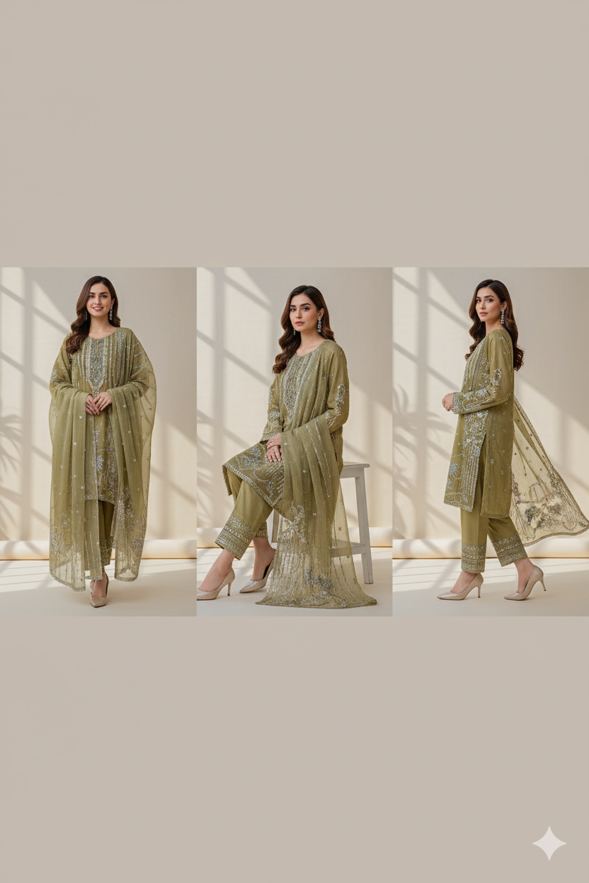 Pastel Green Embroidered Trouser Suit| 3 Piece Stitched