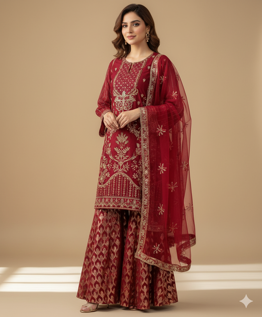 Maroon Handmade Luxury 3 Piece | Organza | Ready To Wear