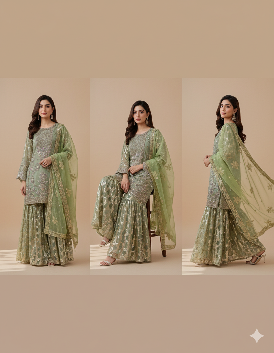 Green Handmade Luxury Organza 3-Piece Stitched Suit