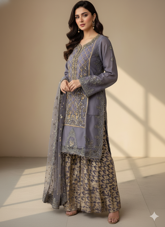 Grey-Blue Embroidered Sharara Suit | 3 Piece Stitched