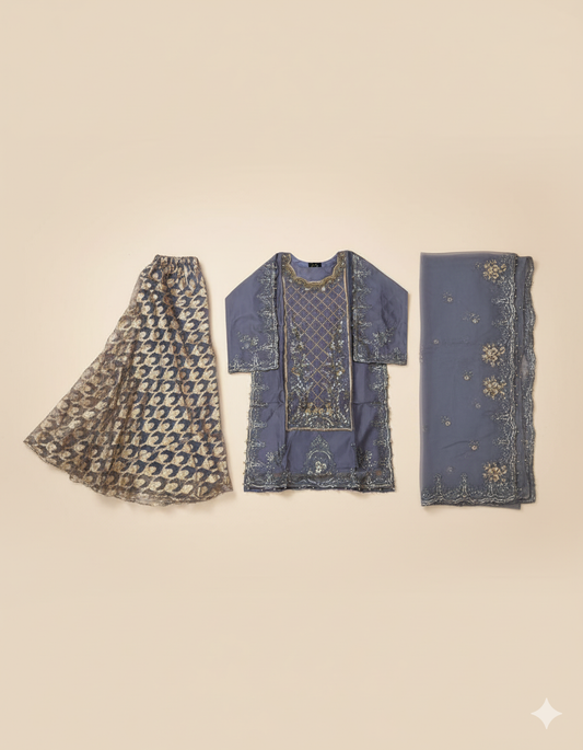 Grey-Blue Embroidered Sharara Suit | 3 Piece Stitched
