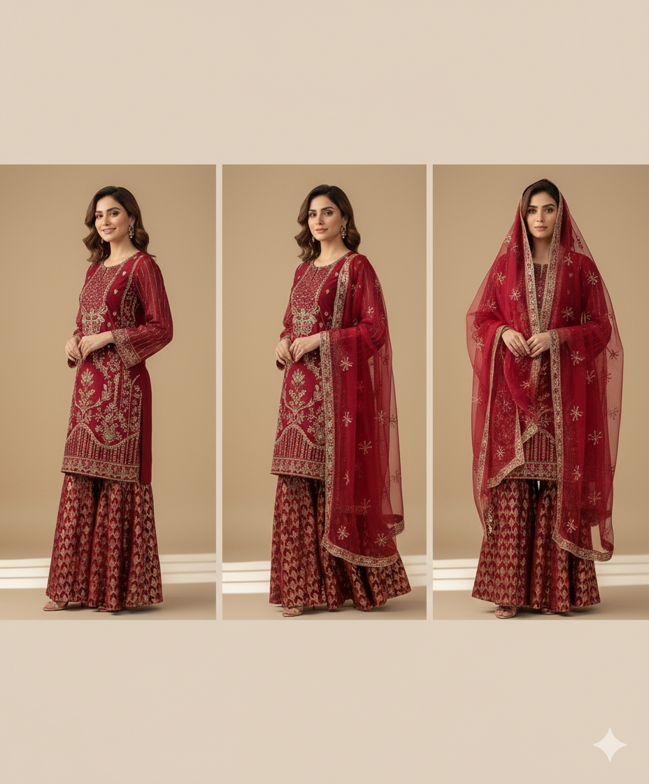 Maroon Handmade Luxury 3 Piece | Organza | Ready To Wear
