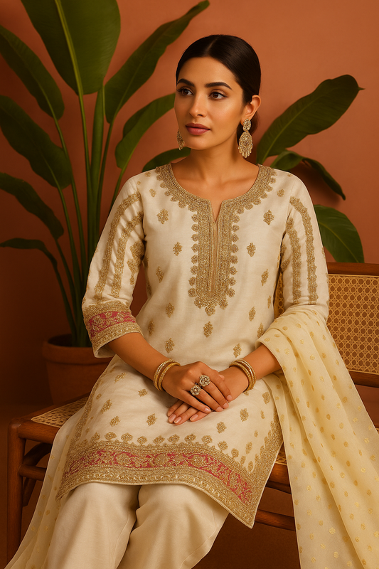 Volume 1:1, White ARI DORI Embroidered Suit with handmade work| 3 Piece Stitched