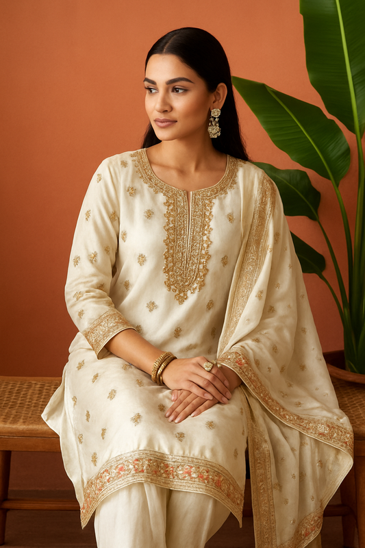 Volume 1:1, White ARI DORI Embroidered Suit with handmade work| 3 Piece Stitched