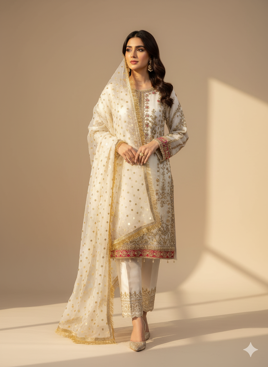 Volume 1:1, White ARI DORI Embroidered Suit with handmade work| 3 Piece Stitched