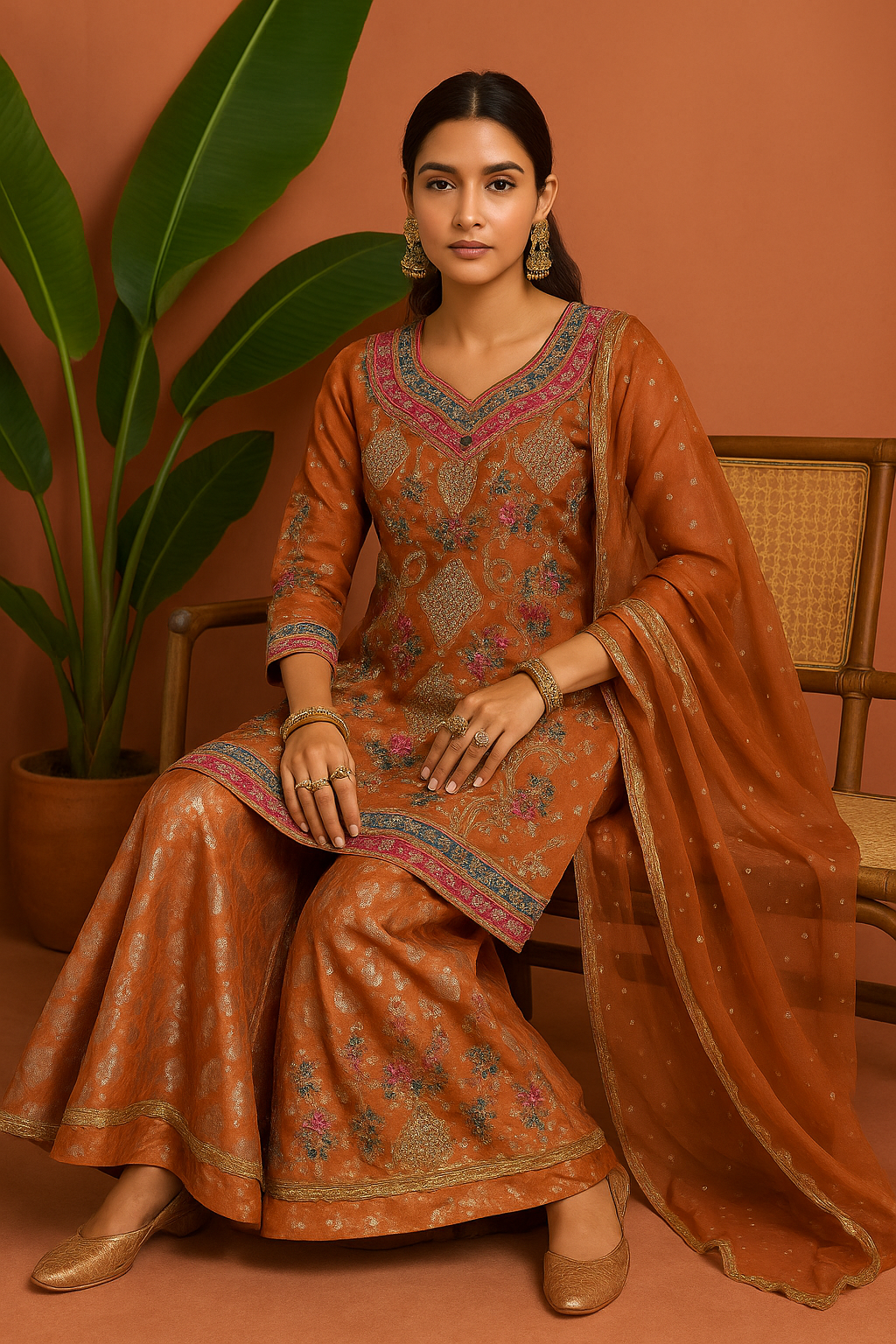 Volume 1:5, Orange ARI DORI Embroidered Suit with handmade work| 3 Piece