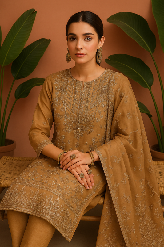 Volume 2:3 , Brown Embroidered Suit with handmade work| 3 Piece Stitched