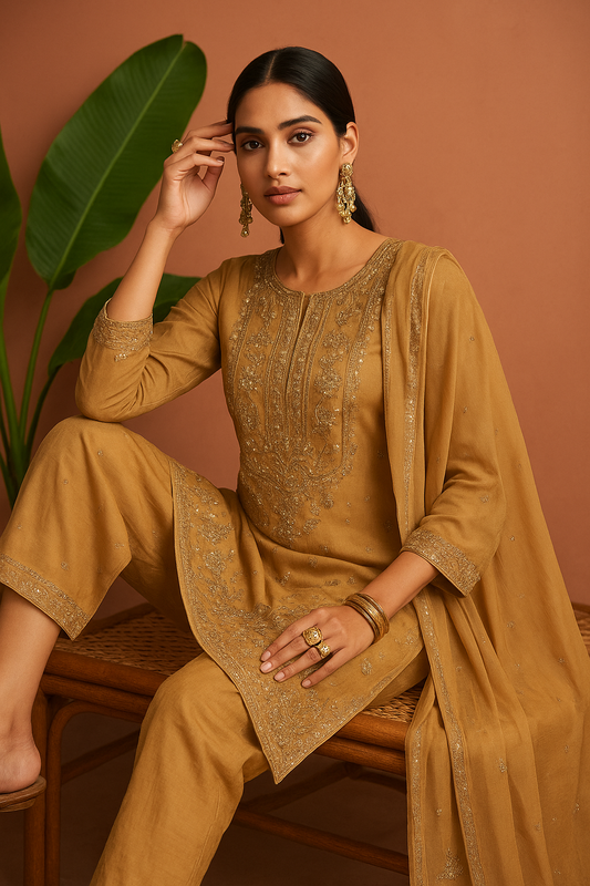 Volume 2:3 , Brown Embroidered Suit with handmade work| 3 Piece Stitched