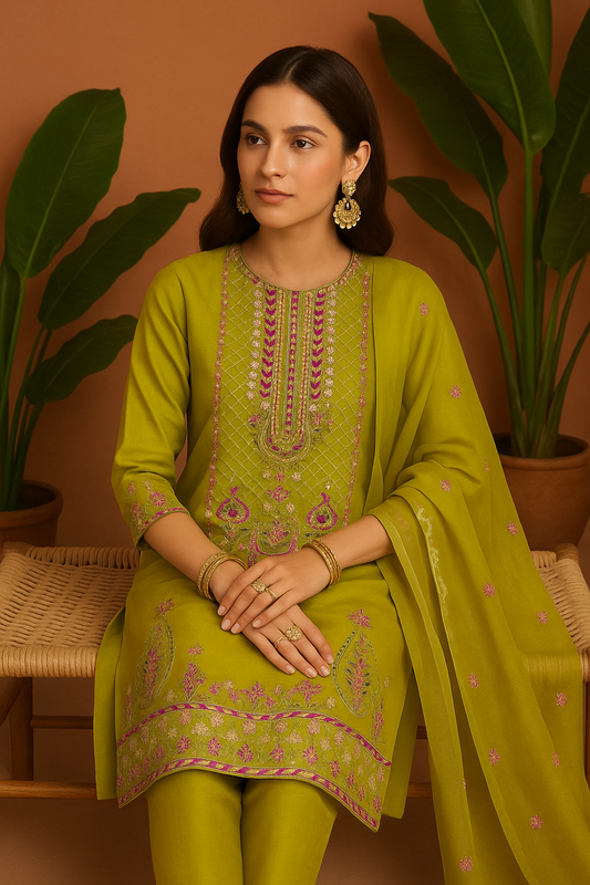 Volume 2:4 , Parrot Green Embroidered Suit with handmade work| 3 Piece Stitched