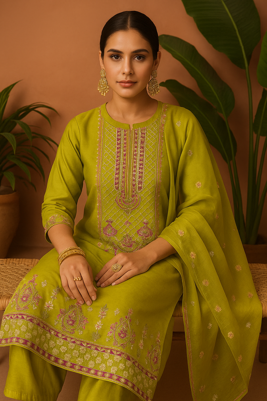 Volume 2:4 , Parrot Green Embroidered Suit with handmade work| 3 Piece Stitched