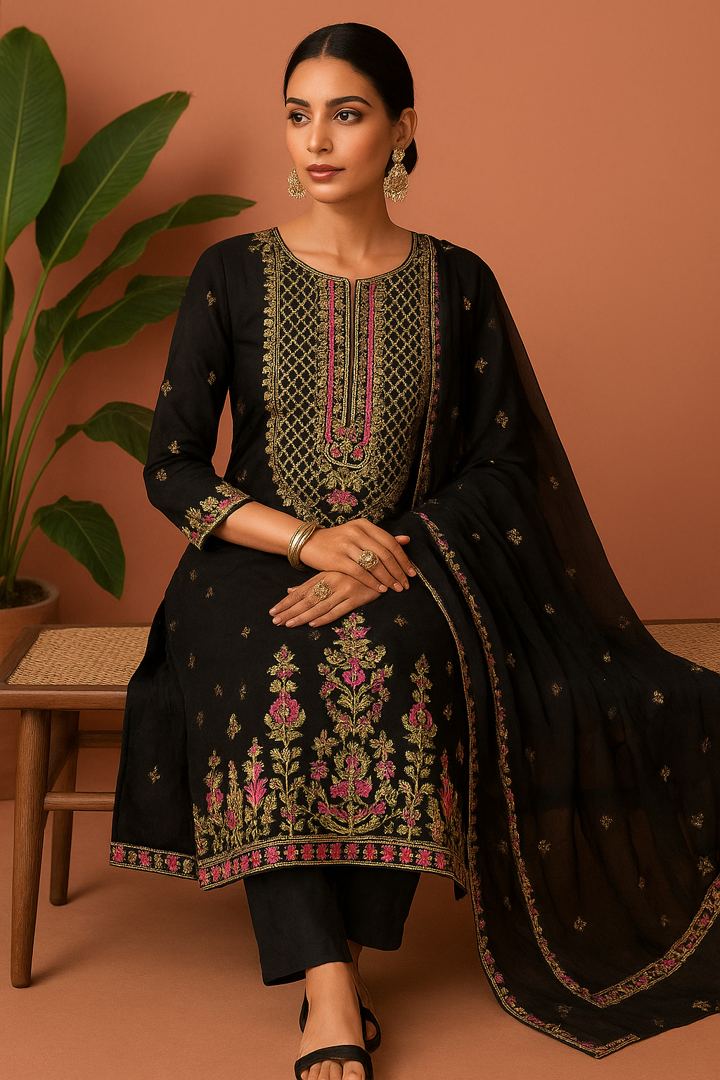 Volume 2:6, Black Embroidered Suit with handmade work| 3 Piece Stitched