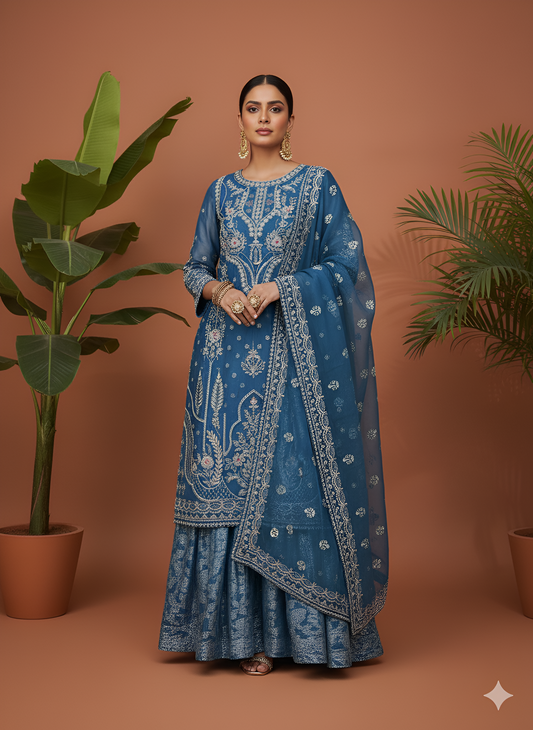 Volume 3:1, Blue Handmade Embroidered Suit With Sharara | 3 Piece Stitched