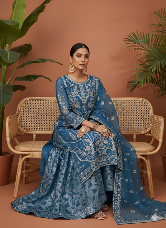 Volume 3:1, Blue Handmade Embroidered Suit With Sharara | 3 Piece Stitched