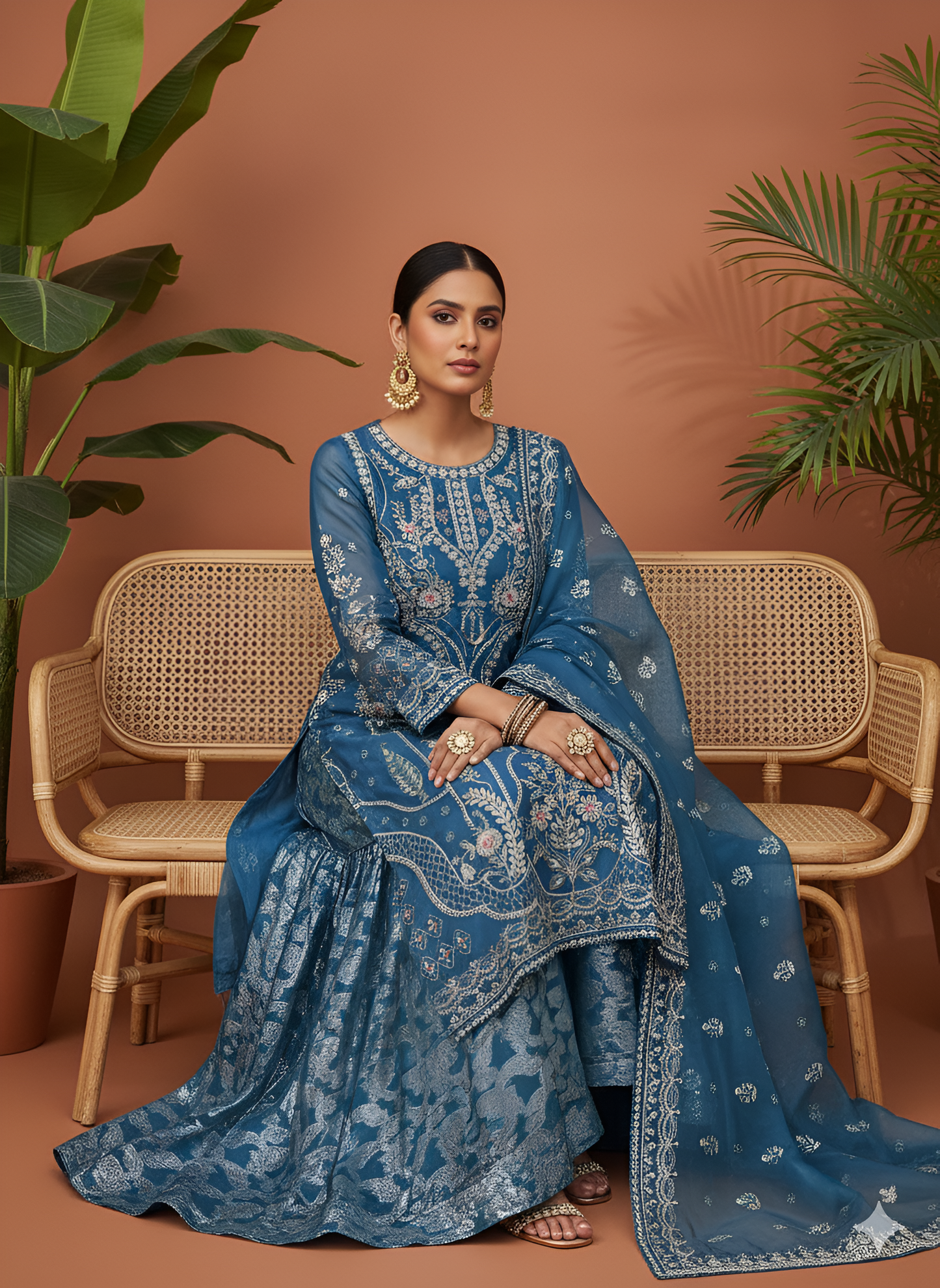 Volume 3:1, Blue Handmade Embroidered Suit With Sharara | 3 Piece Stitched