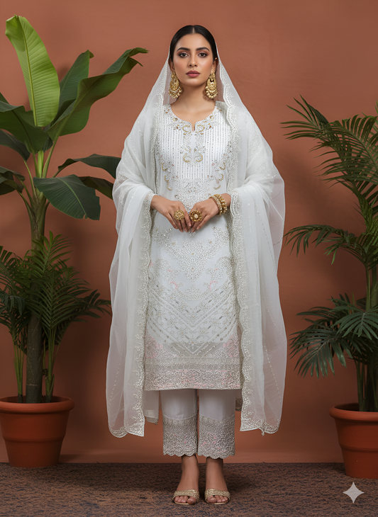 Volume 3:2, White Handmade Embroidered Suit With Trouser | 3 Piece Stitched