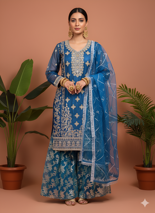 Volume 3:4, Navy Blue Handmade Embroidered Suit With Sharara | 3 Piece Stitched