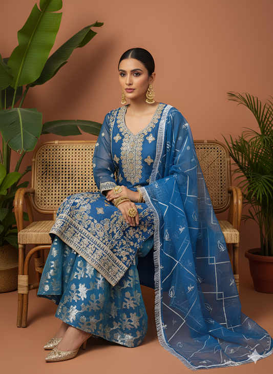 Volume 3:4, Navy Blue Handmade Embroidered Suit With Sharara | 3 Piece Stitched