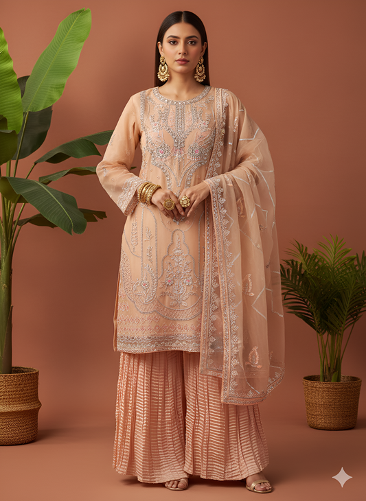 Volume 3:3, Mustard Handmade Embroidered Suit With Viscose Sharara